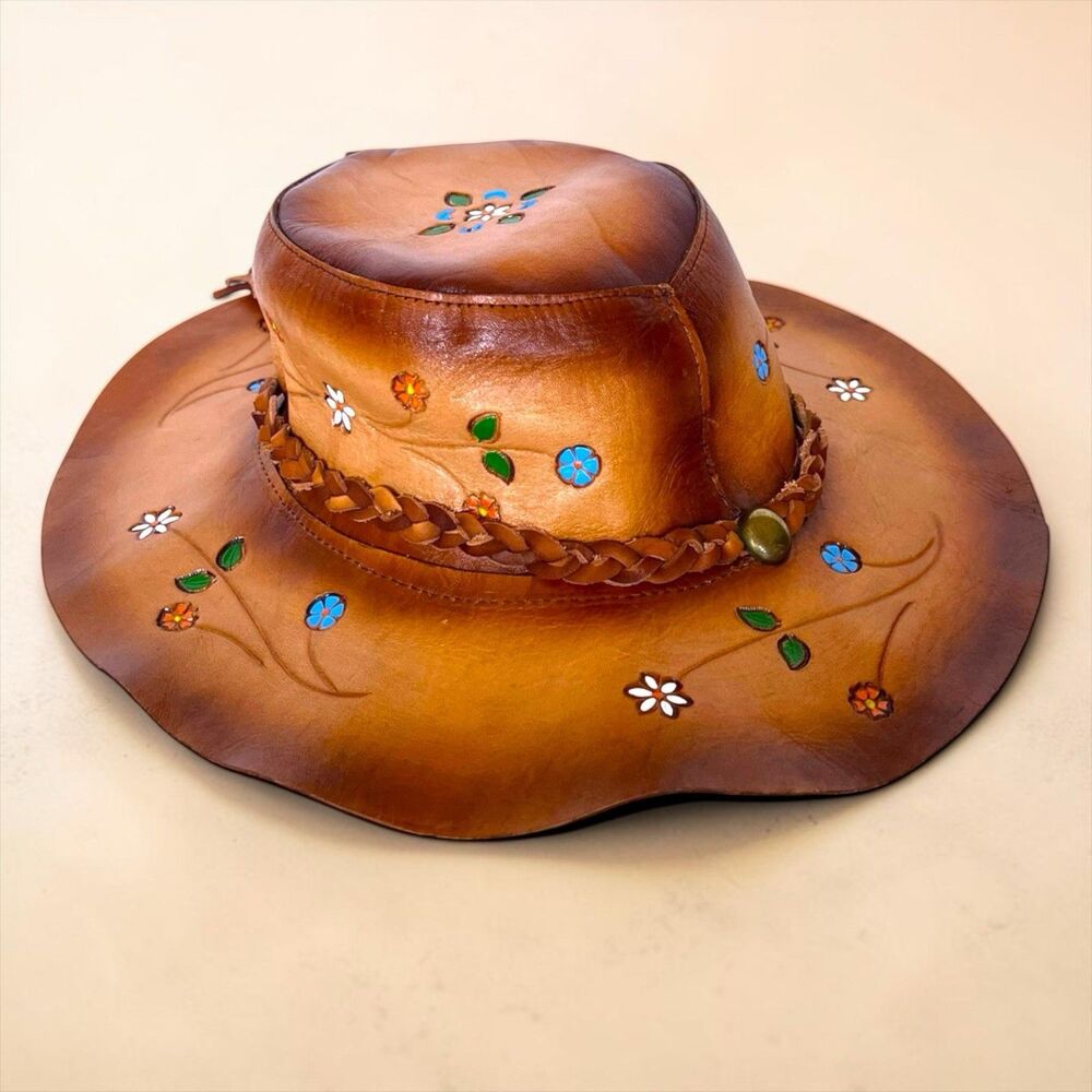 Hand Painted Tooled Leather Mexican Cowboy Hat Brown Floral Western Boho M/L